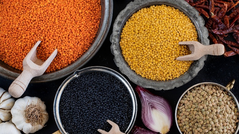 Various bowls of lentils