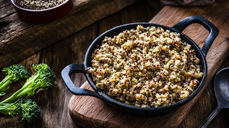 Skillet of cooked quinoa