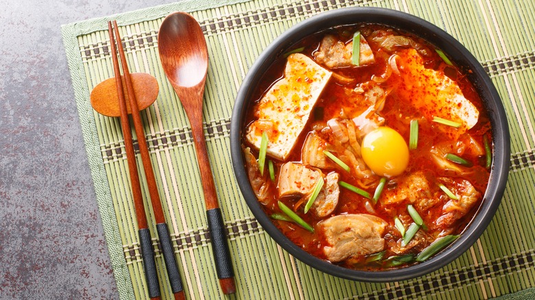 sundubu jjigae with tofu egg yolk