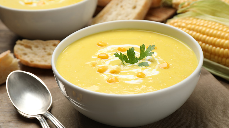 Chilled corn soup white bowl