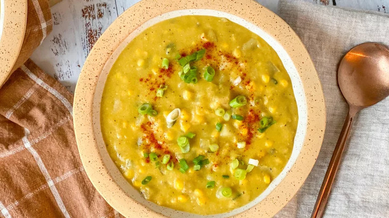 vegan corn chowder rustic bowl