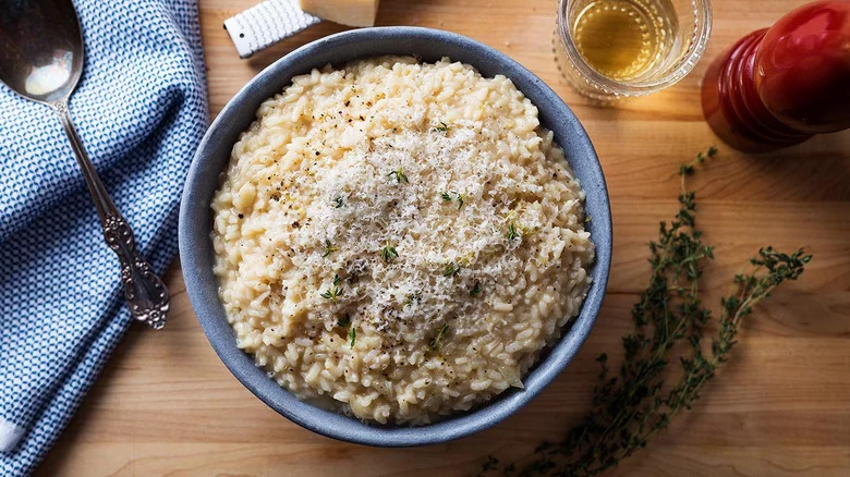 Risotto in blue bowl