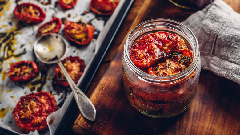 Sun-dried tomatoes on table