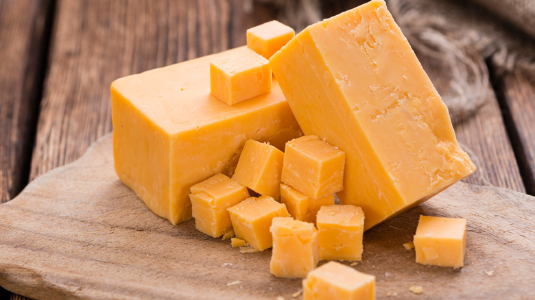 Cheddar cheese block and cubes