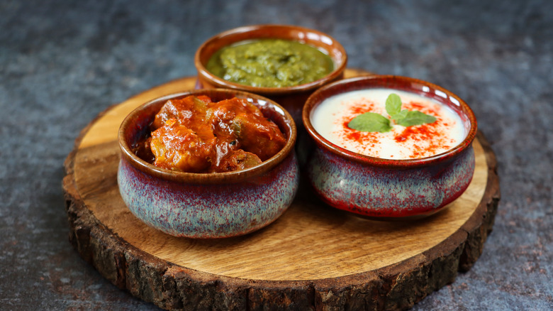 chutney, raita, and chili sauce