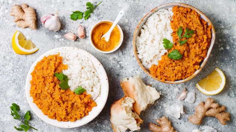 bowls of lentils and rice