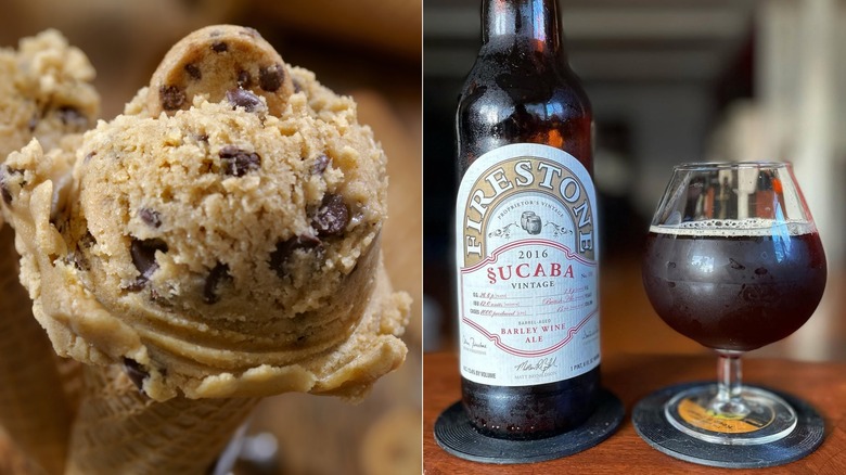 Split image of cookie dough ice cream cone and Sucaba beer glass and bottle