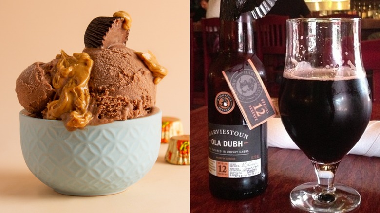 Split image of bowl of chocolate peanut butter cup ice cream and Ola Dubh beer