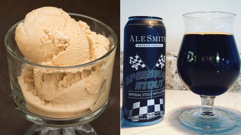 Split image of dish of coffee ice cream and AleSmith Speedway Stout beer