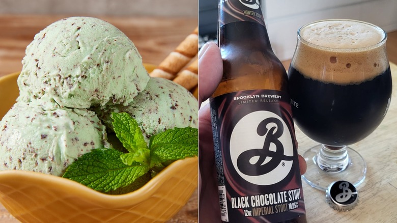 Split image of mint chocolate chip ice cream scoops with bottle and glass of Brooklyn Brewery Stout beer