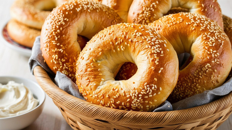 baskets of bagels and side of cream cheese