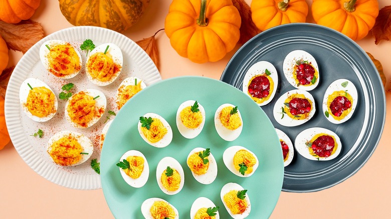 plates of Thanksgiving inspired deviled eggs