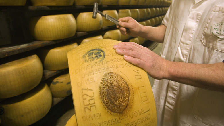 inspector testing a wheel of parmigiano reggiano with a mallet