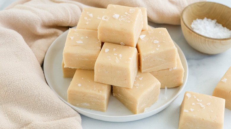 stacked caramel fudge on plate