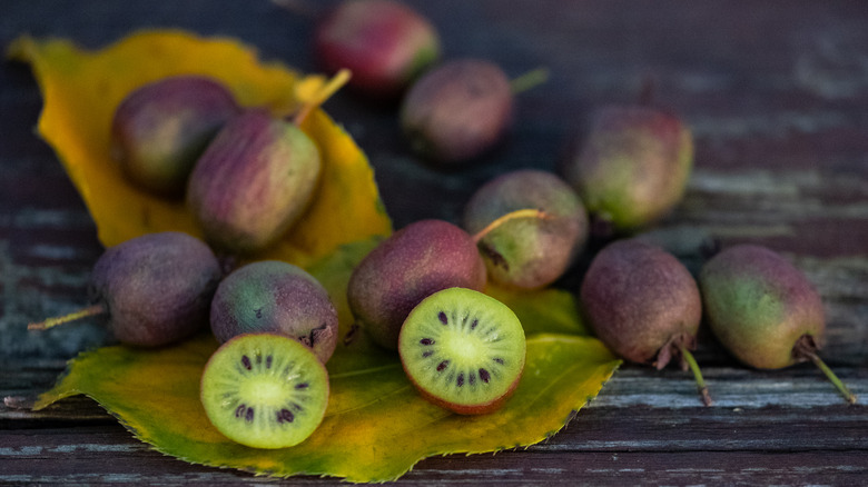 Whole and sliced kiwi berries with leaves