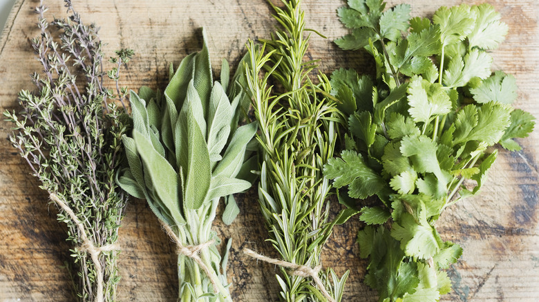 Fresh herb bundles on wood cutting board