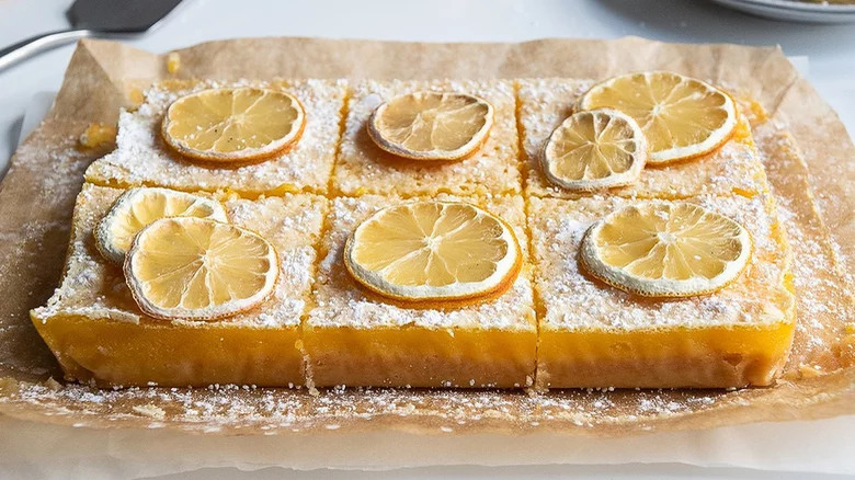 Lemon bars on parchment paper