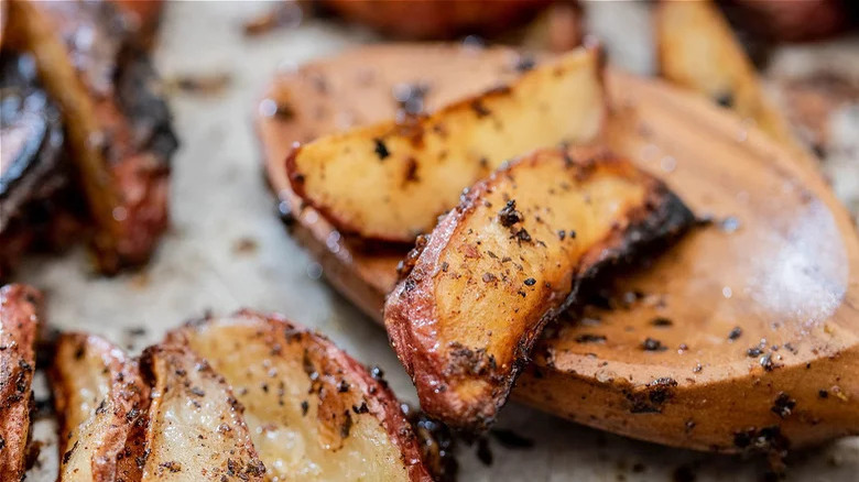 Roasted potatoes on pan