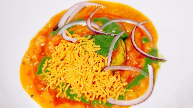 Ragda Pattis soup in white bowl