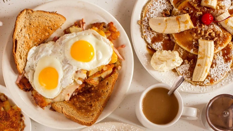 American eggs and pancakes breakfast