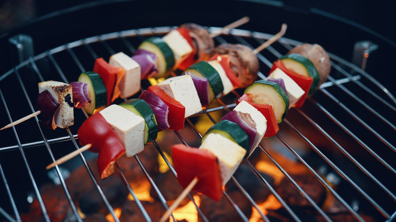 Vegetable tofu skewers on grill