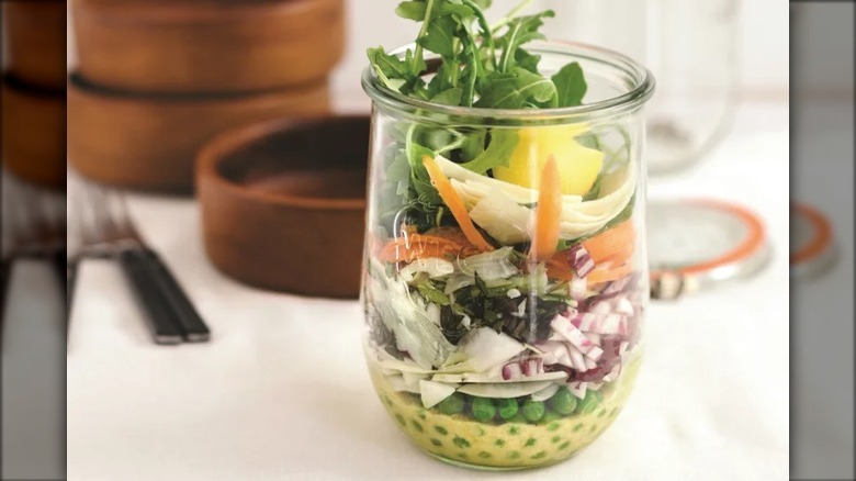 9-Layer Salad with Lemon Curry Dressing in a jar