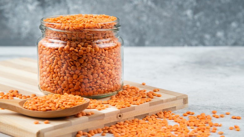 Glass jar red lentils