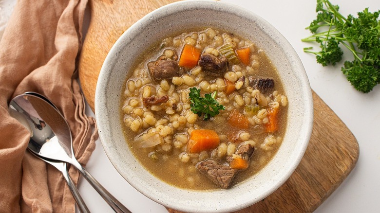 beef barley soup in bowl