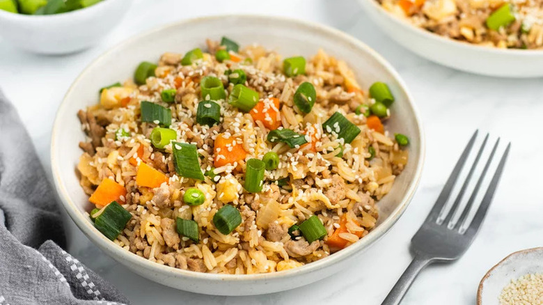 Pork fried rice with scallions