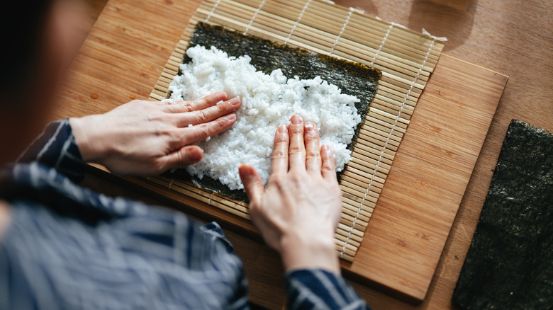 sushi rice on mat