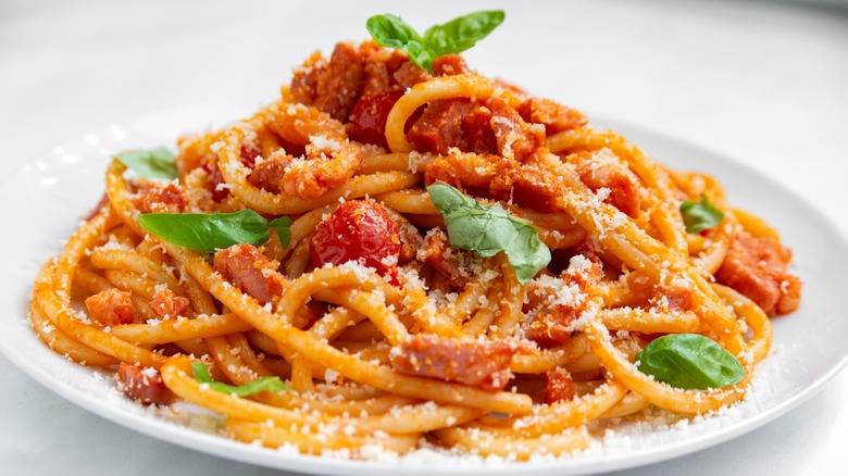 Plate of bucatini alla amatriciana