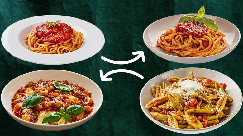 Four plates of pasta substitutions with arrows