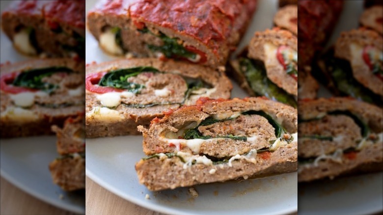 Rolled meatloaf with cheese and spinach