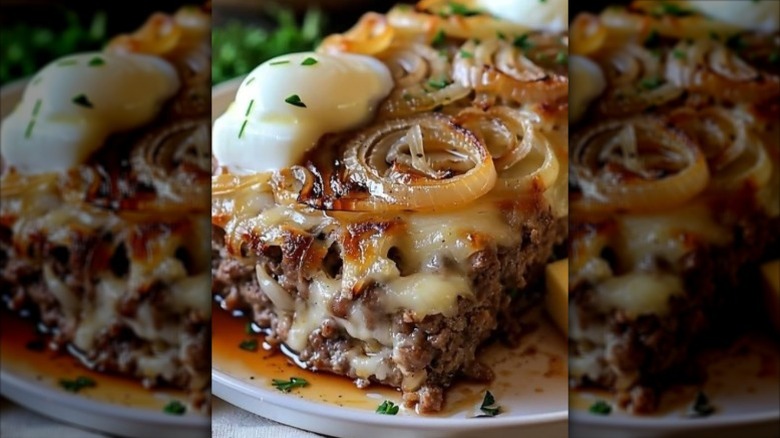 Close-up of meatloaf with cheese and caramelized onions