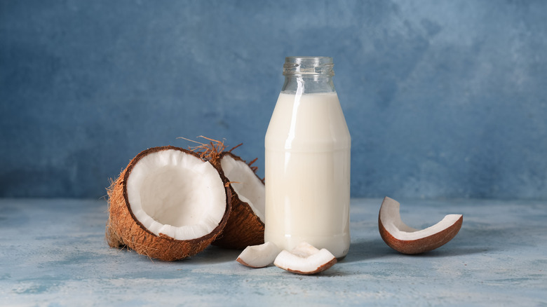 Bottle of coconut milk surrounded by pieces of broken coconut