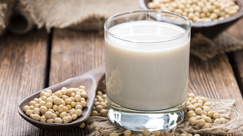 Glass of soy milk surrounded by soybeans