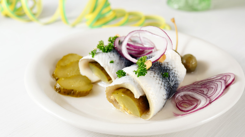 rollmops with gherkin and onion