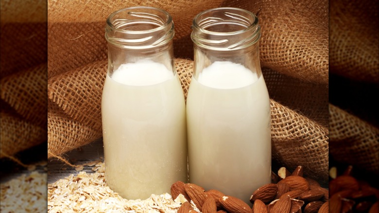 Bottles of oat and almond milk