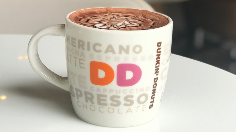 A Dunkin hot chocolate in branded mug