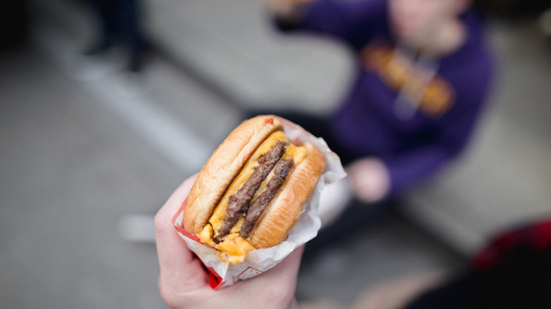 a person holding a cheeseburger