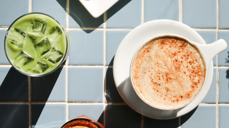 aerial picture of matcha and chai drinks