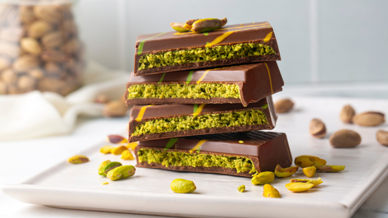 Dubai chocolate bar on white plate