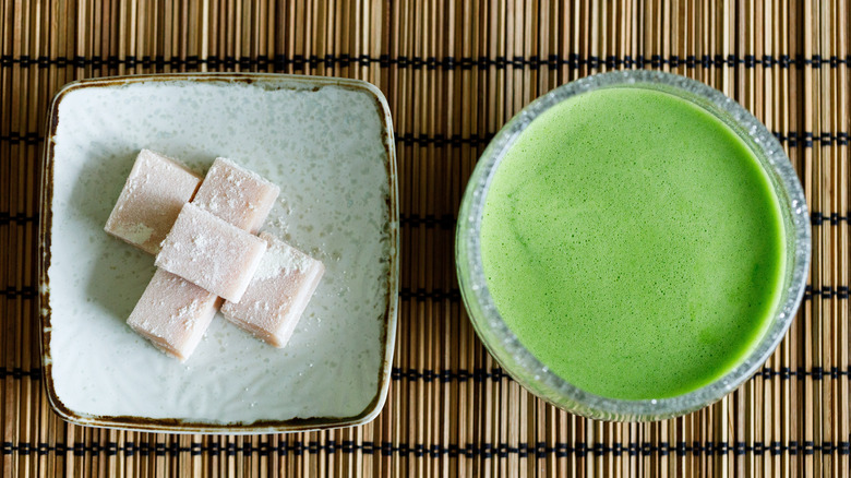 matcha next to plate of white chocolate