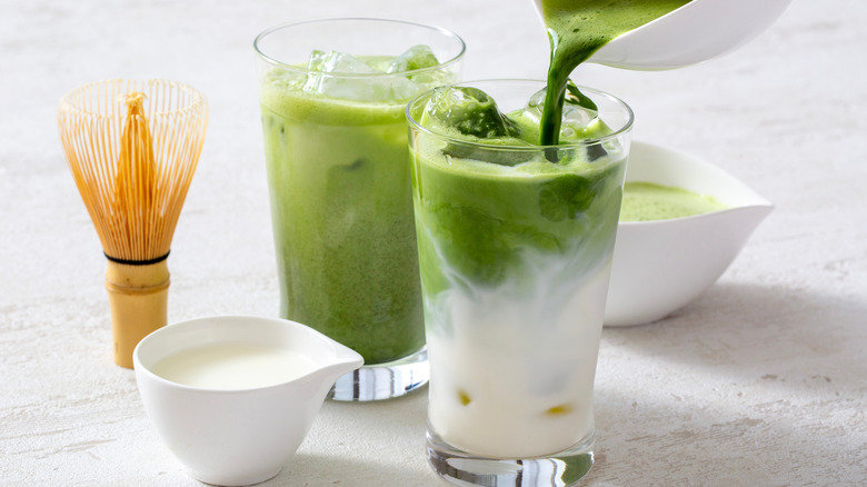 Two creamy matcha lattes