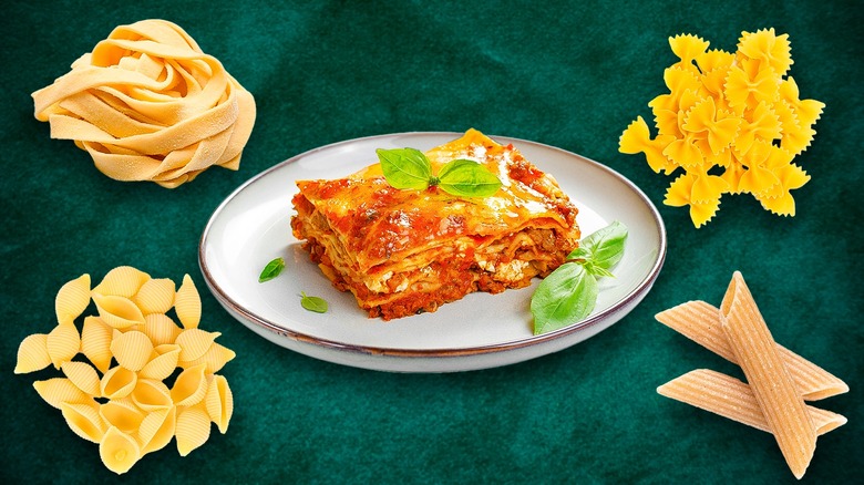 plate of lasagna and different types of pasta noodles