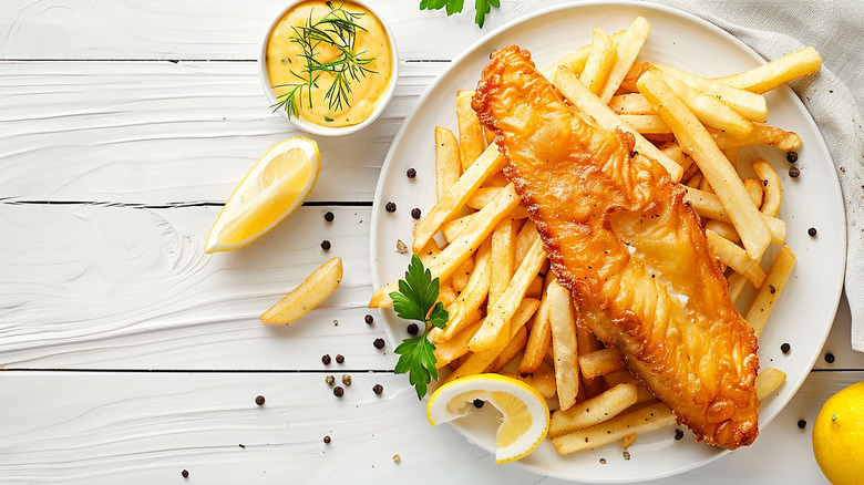 Fish and chips on white plate