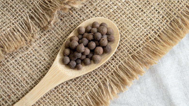 Dried allspice berries on spoon