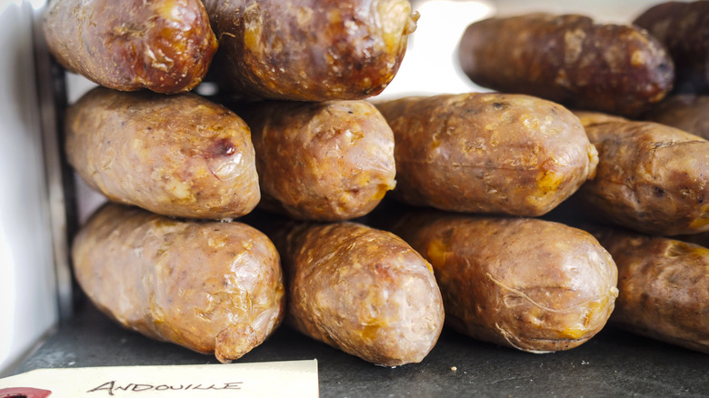 Andouille sausage in display case