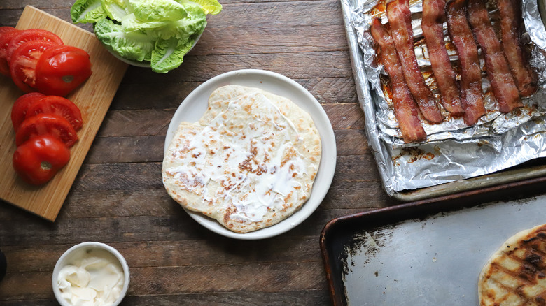 Mayo spread on grilled flatbread