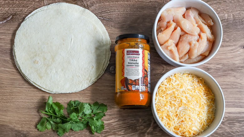 chicken tikka masala quesadilla ingredients on a table